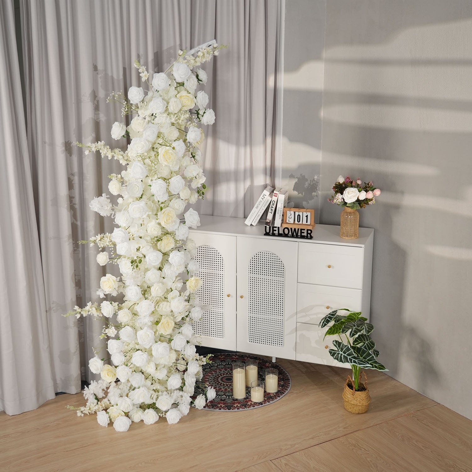 Uflower White Rose Floral Horn Arch Wedding Party Backdrop Decor